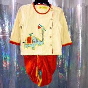 Tiber Taber Boys Embroidered Blue Elephant Dhoti Set -Kurta & Dhoti in Cream